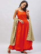 InWeave Women's Orange Strappy Set With Light Green Orange Print Dupatta | Grocsy