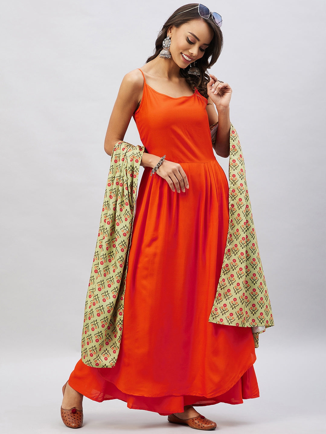InWeave Women's Orange Strappy Set With Light Green Orange Print Dupatta | Grocsy