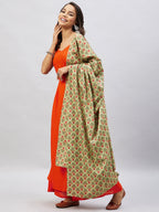 InWeave Women's Orange Strappy Set With Light Green Orange Print Dupatta | Grocsy