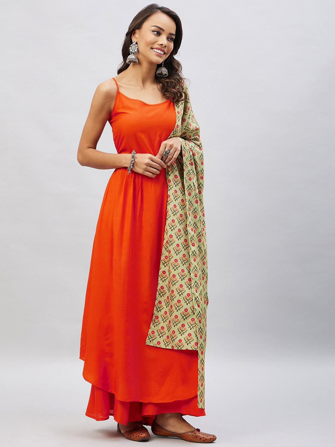 InWeave Women's Orange Strappy Set With Light Green Orange Print Dupatta | Grocsy