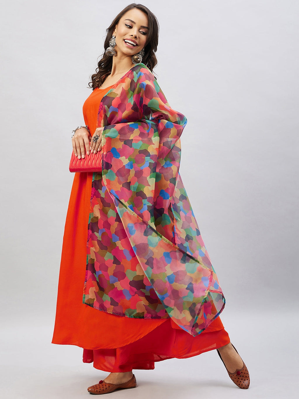 InWeave Women's Orange Strappy Set With Maroon Abstract Organza Dupatta | Grocsy