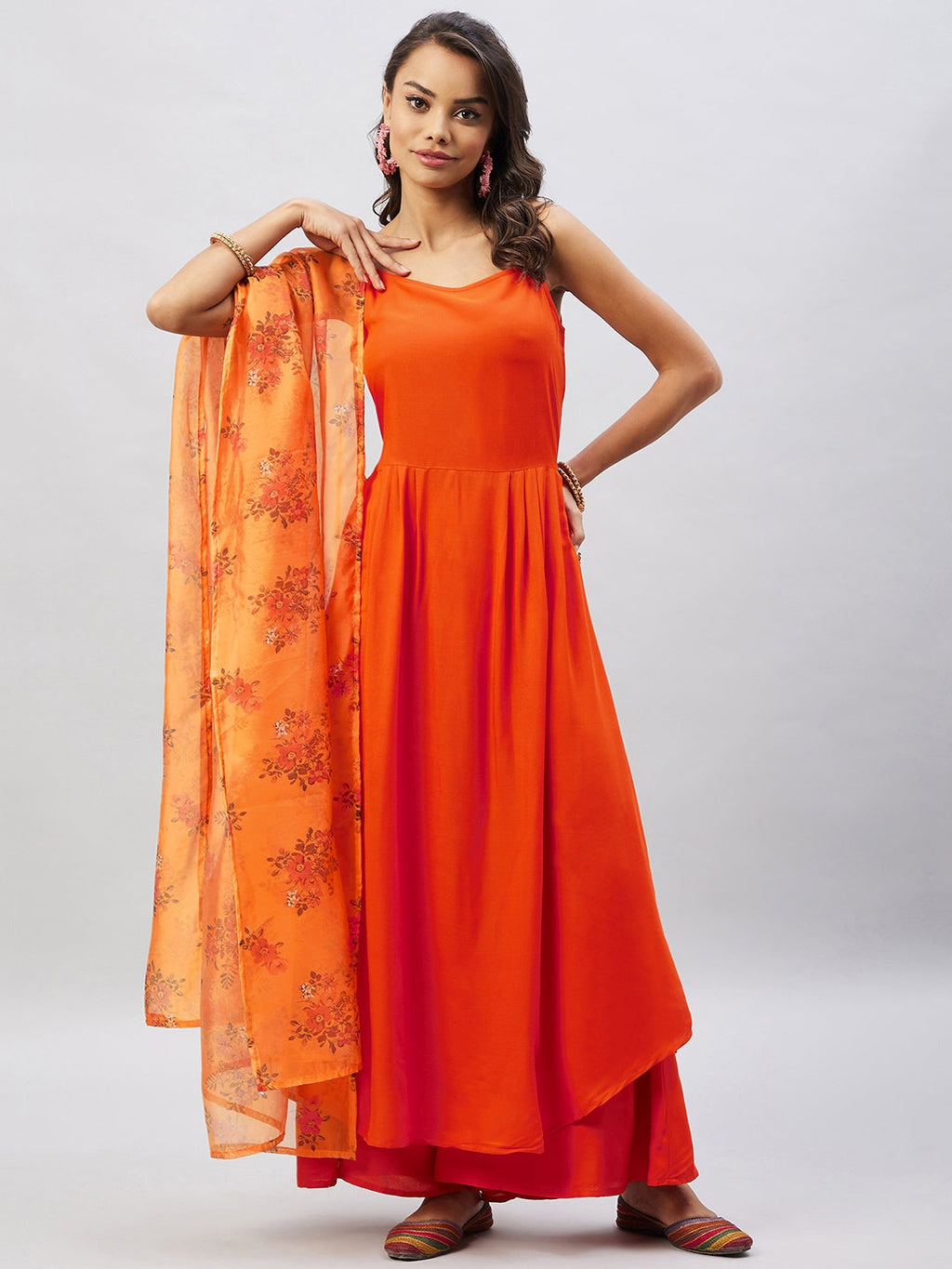 InWeave Women's Orange Strappy Set With Mustard Floral Organza Dupatta | Grocsy