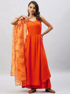 InWeave Women's Orange Strappy Set With Mustard Floral Organza Dupatta | Grocsy