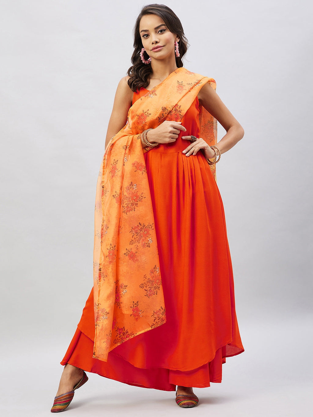 InWeave Women's Orange Strappy Set With Mustard Floral Organza Dupatta | Grocsy
