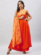 InWeave Women's Orange Strappy Set With Mustard Floral Organza Dupatta | Grocsy