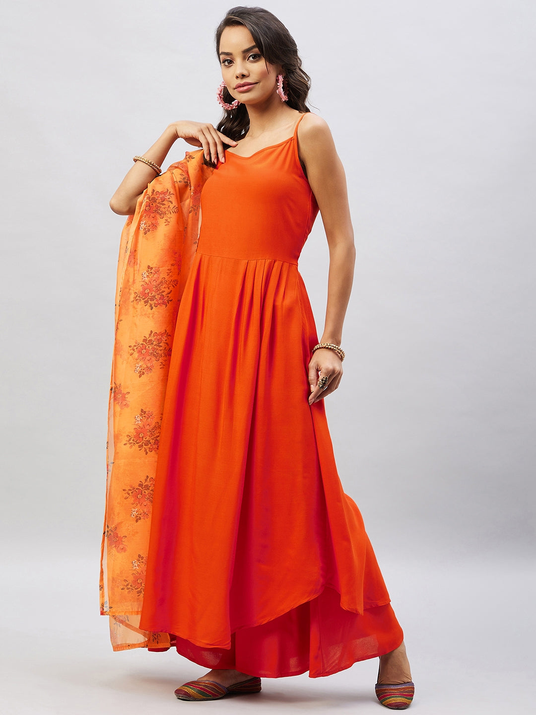 InWeave Women's Orange Strappy Set With Mustard Floral Organza Dupatta | Grocsy