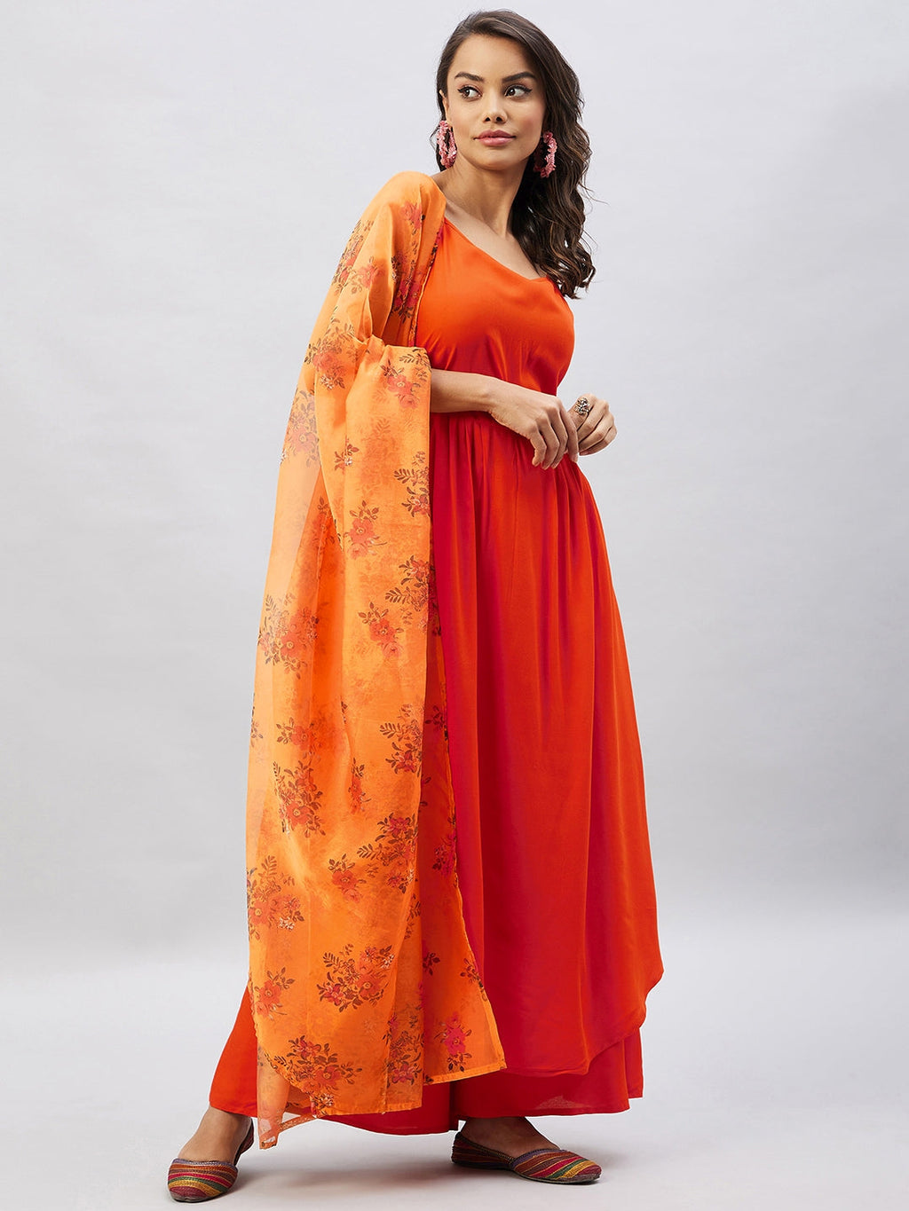 InWeave Women's Orange Strappy Set With Mustard Floral Organza Dupatta | Grocsy