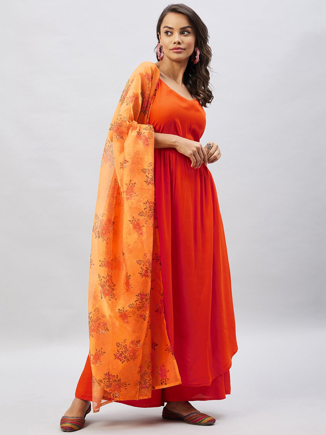 InWeave Women's Orange Strappy Set With Mustard Floral Organza Dupatta | Grocsy