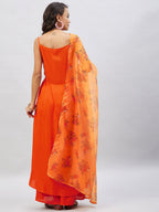 InWeave Women's Orange Strappy Set With Mustard Floral Organza Dupatta | Grocsy