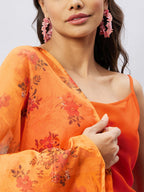 InWeave Women's Orange Strappy Set With Mustard Floral Organza Dupatta | Grocsy
