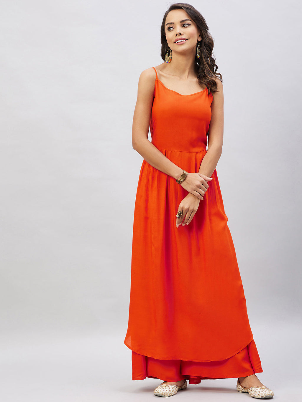 InWeave Women's Solid Orange Strappy Kurta Set | Grocsy