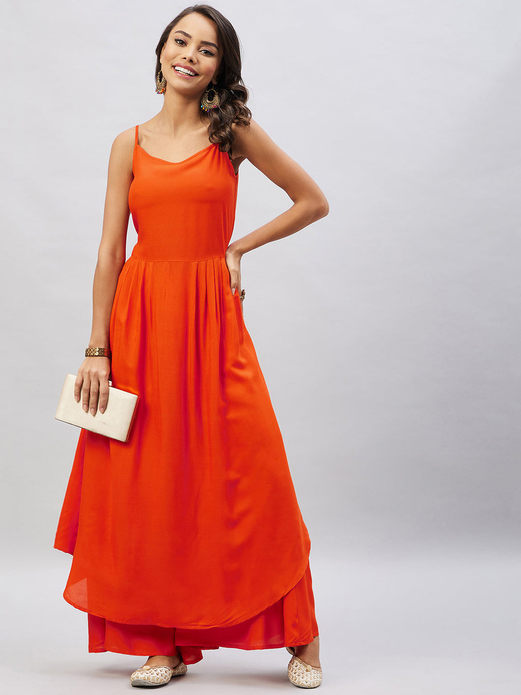 InWeave Women's Solid Orange Strappy Kurta Set | Grocsy
