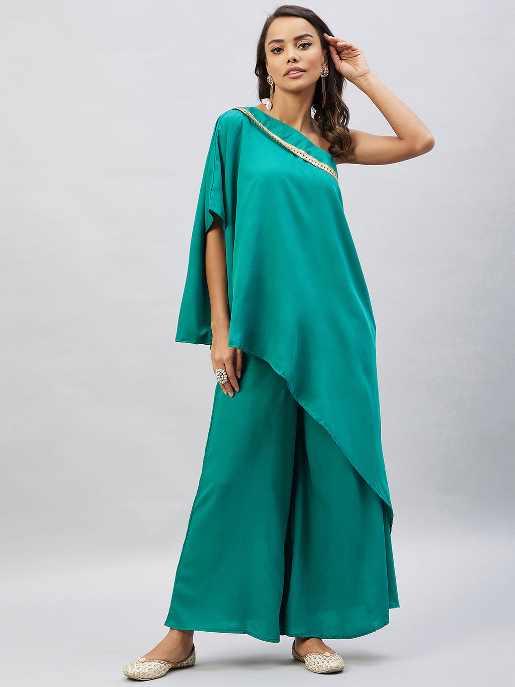 InWeave Women's Teal One Shoulder Kurta Set With Gota Work | Grocsy