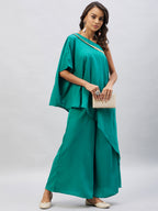 InWeave Women's Teal One Shoulder Kurta Set With Gota Work | Grocsy