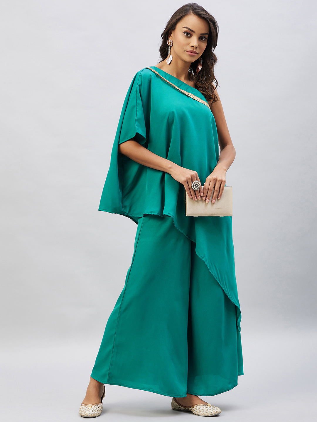 InWeave Women's Teal One Shoulder Kurta Set With Gota Work | Grocsy