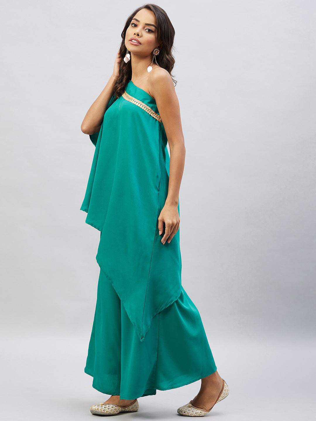 InWeave Women's Teal One Shoulder Kurta Set With Gota Work | Grocsy