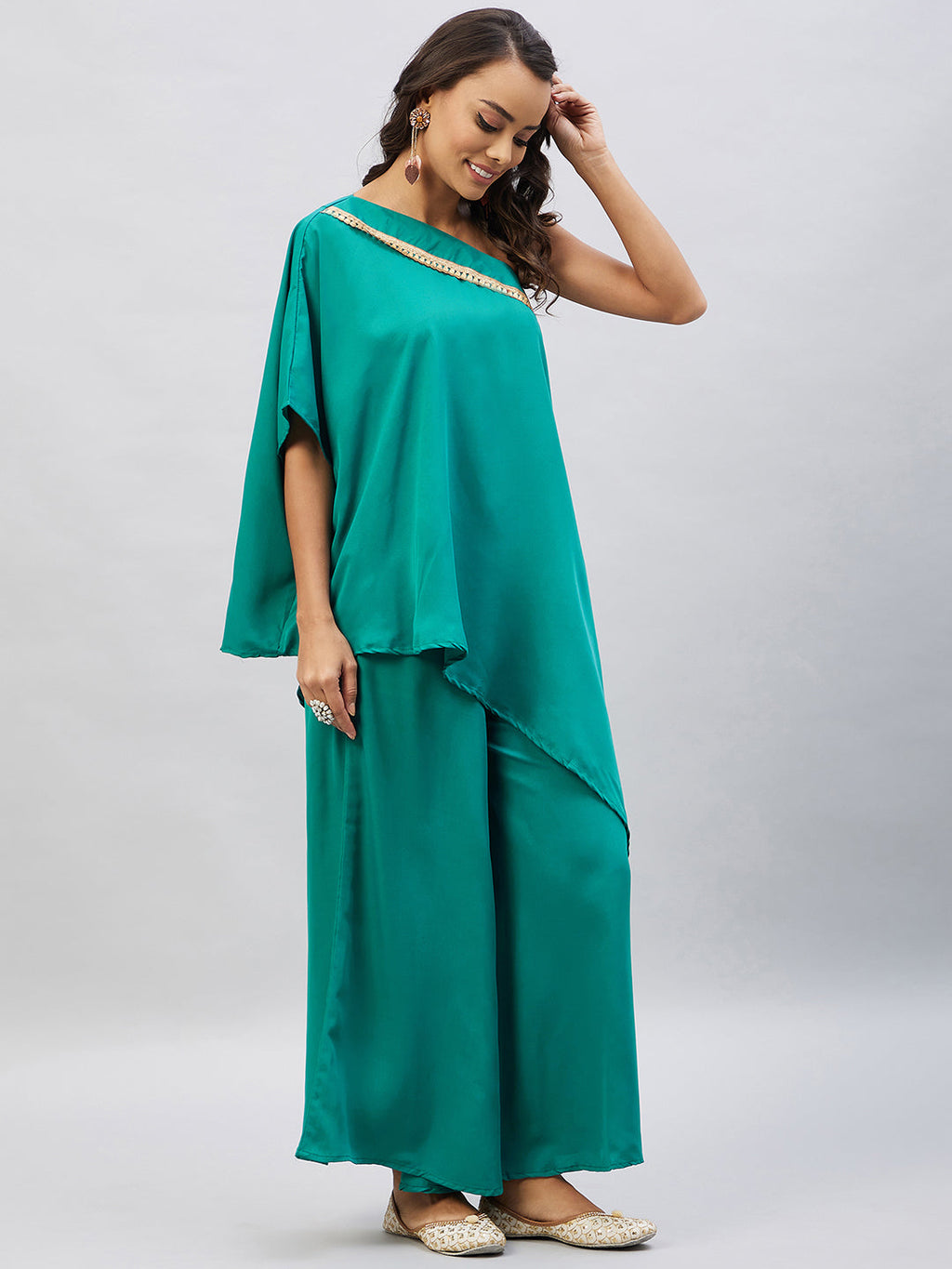 InWeave Women's Teal One Shoulder Kurta Set With Gota Work | Grocsy