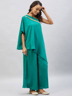 InWeave Women's Teal One Shoulder Kurta Set With Gota Work | Grocsy
