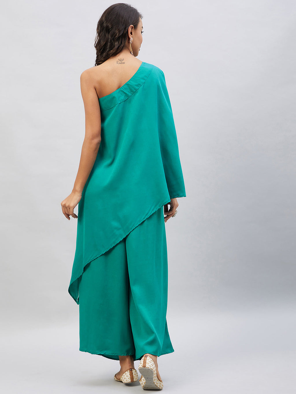 InWeave Women's Teal One Shoulder Kurta Set With Gota Work | Grocsy