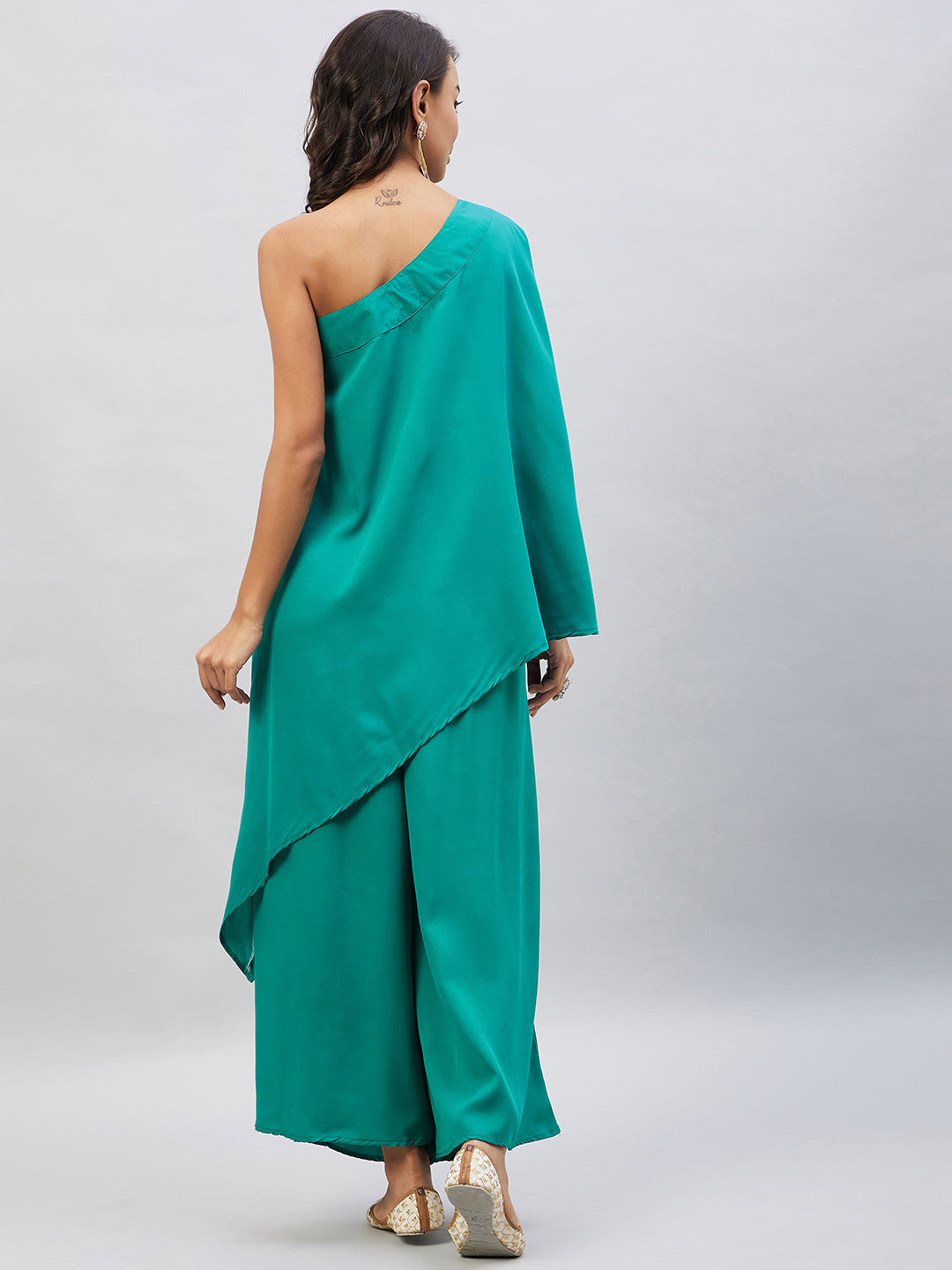InWeave Women's Teal One Shoulder Kurta Set With Gota Work | Grocsy