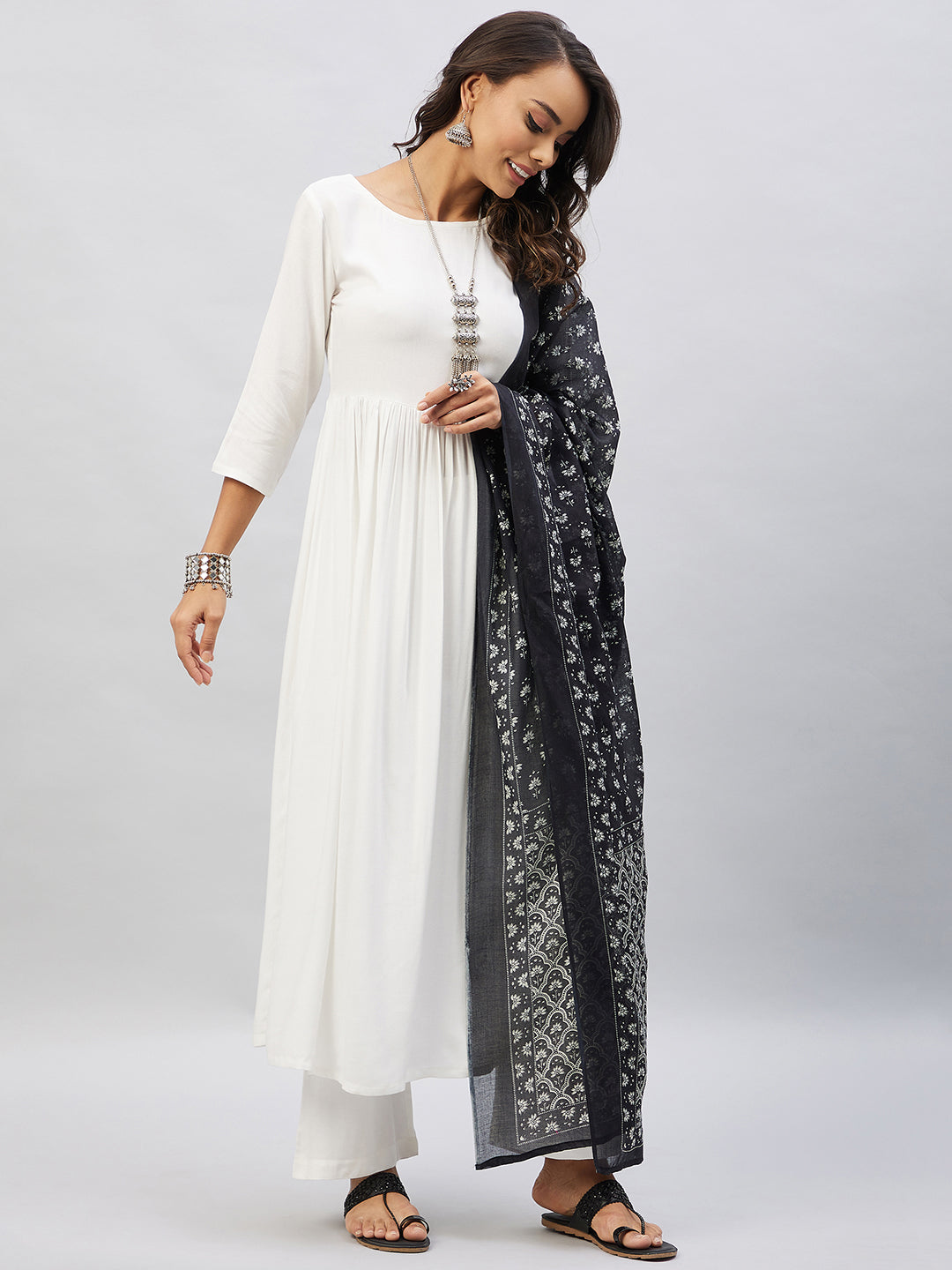 InWeave Women's Cream Anarkali Kurta Set With Black Chintz Print Dupatta | Grocsy