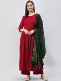 InWeave Women's Maroon Long Anarkali Kurta Set With Green Ajrakh Dupatta | Grocsy