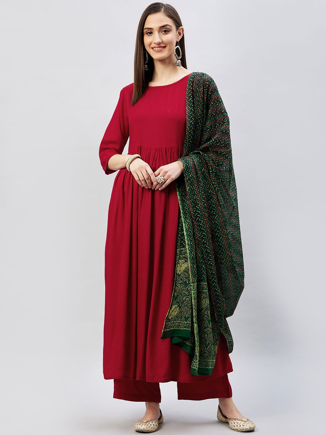 InWeave Women's Maroon Long Anarkali Kurta Set With Green Ajrakh Dupatta | Grocsy