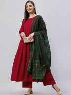 InWeave Women's Maroon Long Anarkali Kurta Set With Green Ajrakh Dupatta | Grocsy