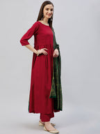 InWeave Women's Maroon Long Anarkali Kurta Set With Green Ajrakh Dupatta | Grocsy