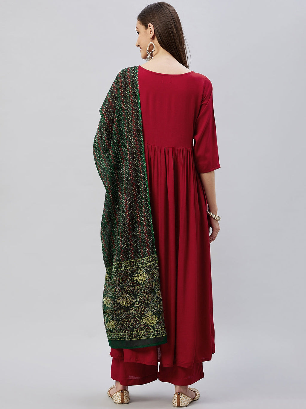 InWeave Women's Maroon Long Anarkali Kurta Set With Green Ajrakh Dupatta | Grocsy