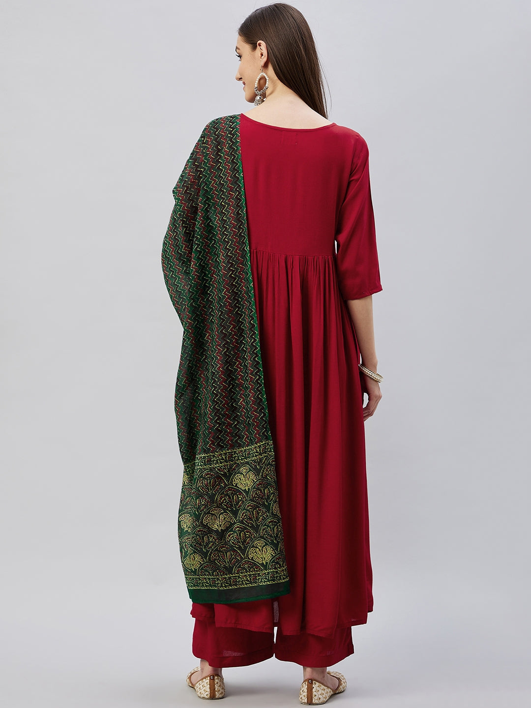 InWeave Women's Maroon Long Anarkali Kurta Set With Green Ajrakh Dupatta | Grocsy