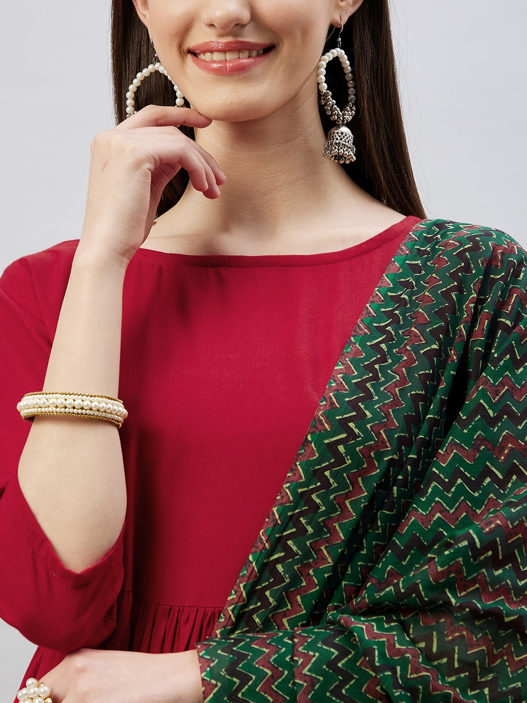 InWeave Women's Maroon Long Anarkali Kurta Set With Green Ajrakh Dupatta | Grocsy