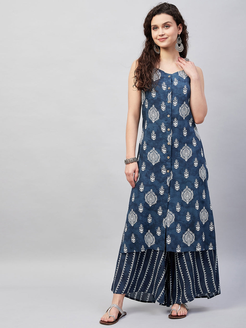 InWeave Women's Blue White Porcelien Print Spaghetti Kurta Palazzo Set | Grocsy