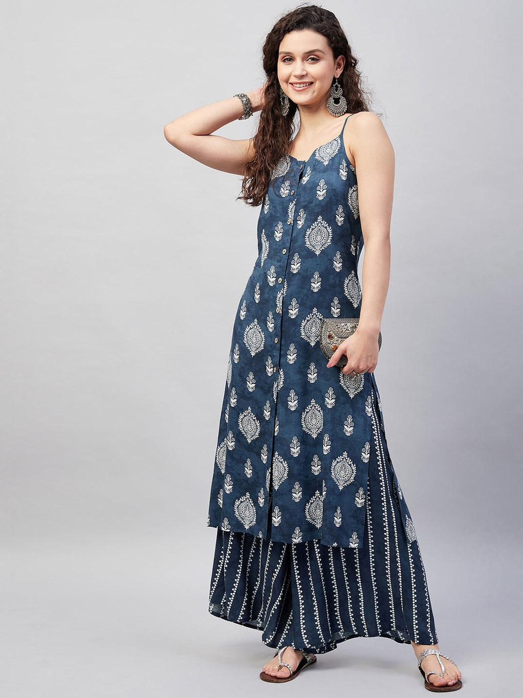 InWeave Women's Blue White Porcelien Print Spaghetti Kurta Palazzo Set | Grocsy