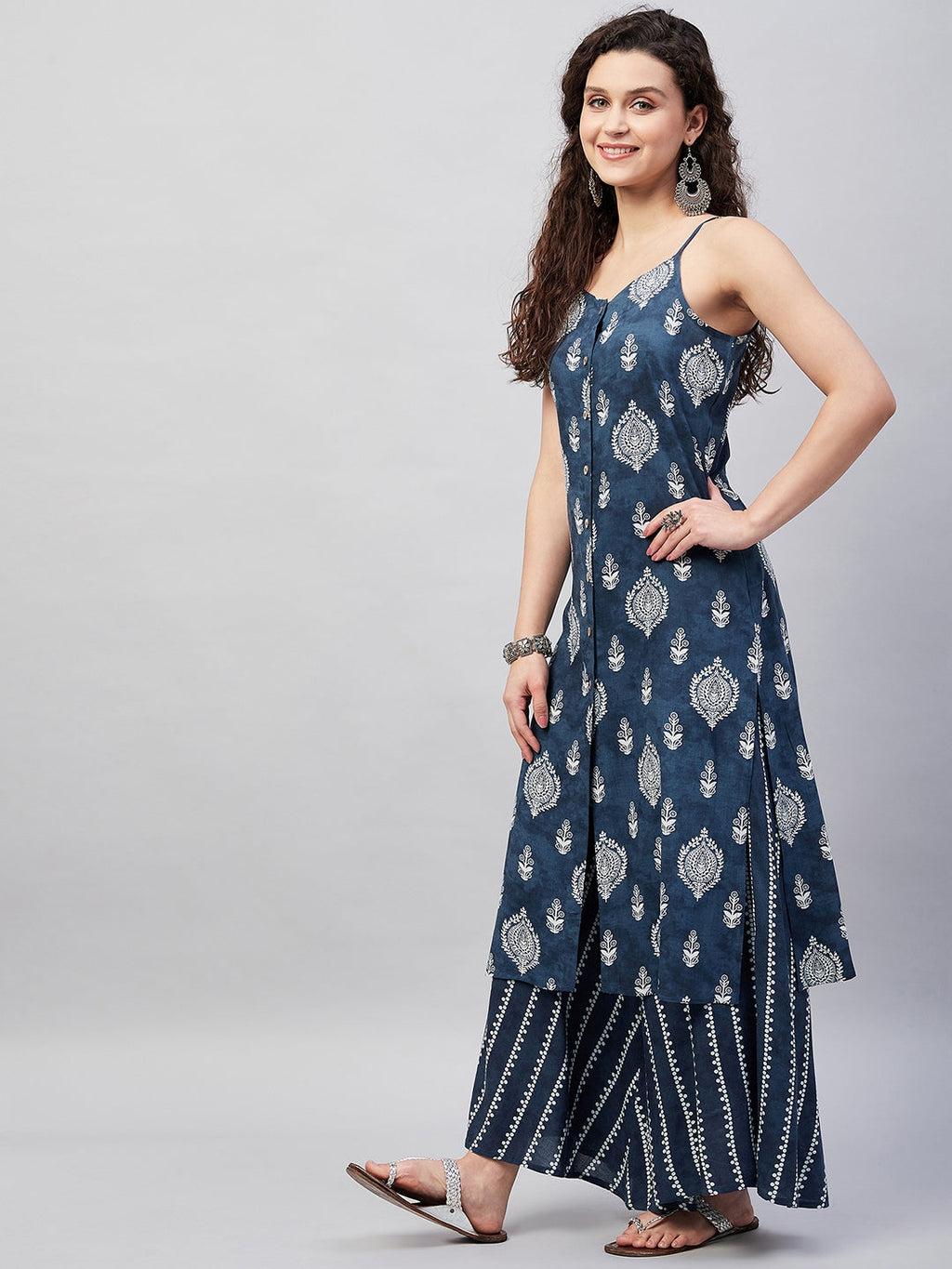 InWeave Women's Blue White Porcelien Print Spaghetti Kurta Palazzo Set | Grocsy