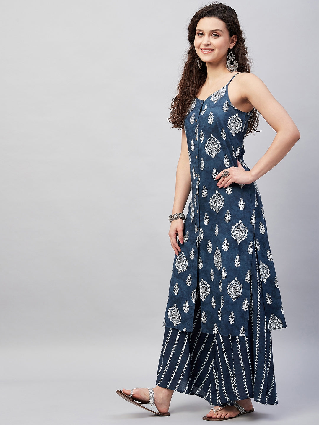InWeave Women's Blue White Porcelien Print Spaghetti Kurta Palazzo Set | Grocsy