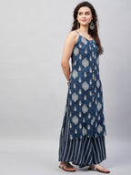 InWeave Women's Blue White Porcelien Print Spaghetti Kurta Palazzo Set | Grocsy