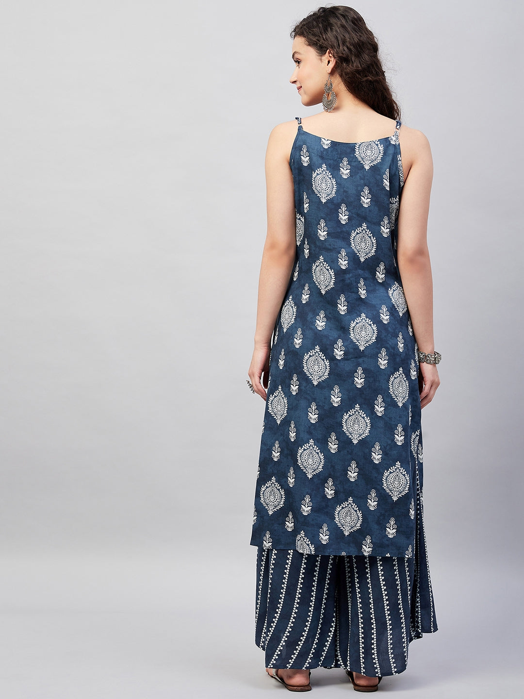 InWeave Women's Blue White Porcelien Print Spaghetti Kurta Palazzo Set | Grocsy