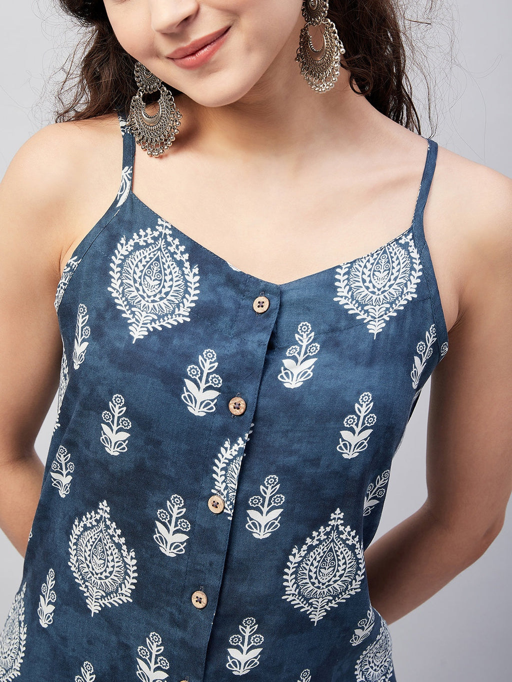 InWeave Women's Blue White Porcelien Print Spaghetti Kurta Palazzo Set | Grocsy