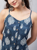 InWeave Women's Blue White Porcelien Print Spaghetti Kurta Palazzo Set | Grocsy