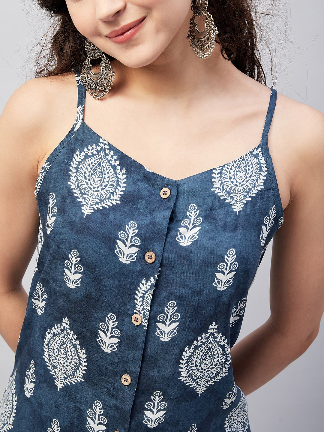InWeave Women's Blue White Porcelien Print Spaghetti Kurta Palazzo Set | Grocsy