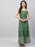 InWeave Women's Green Bagh Print Spaghetti Kurta Zig Zag Palazzo Set | Grocsy