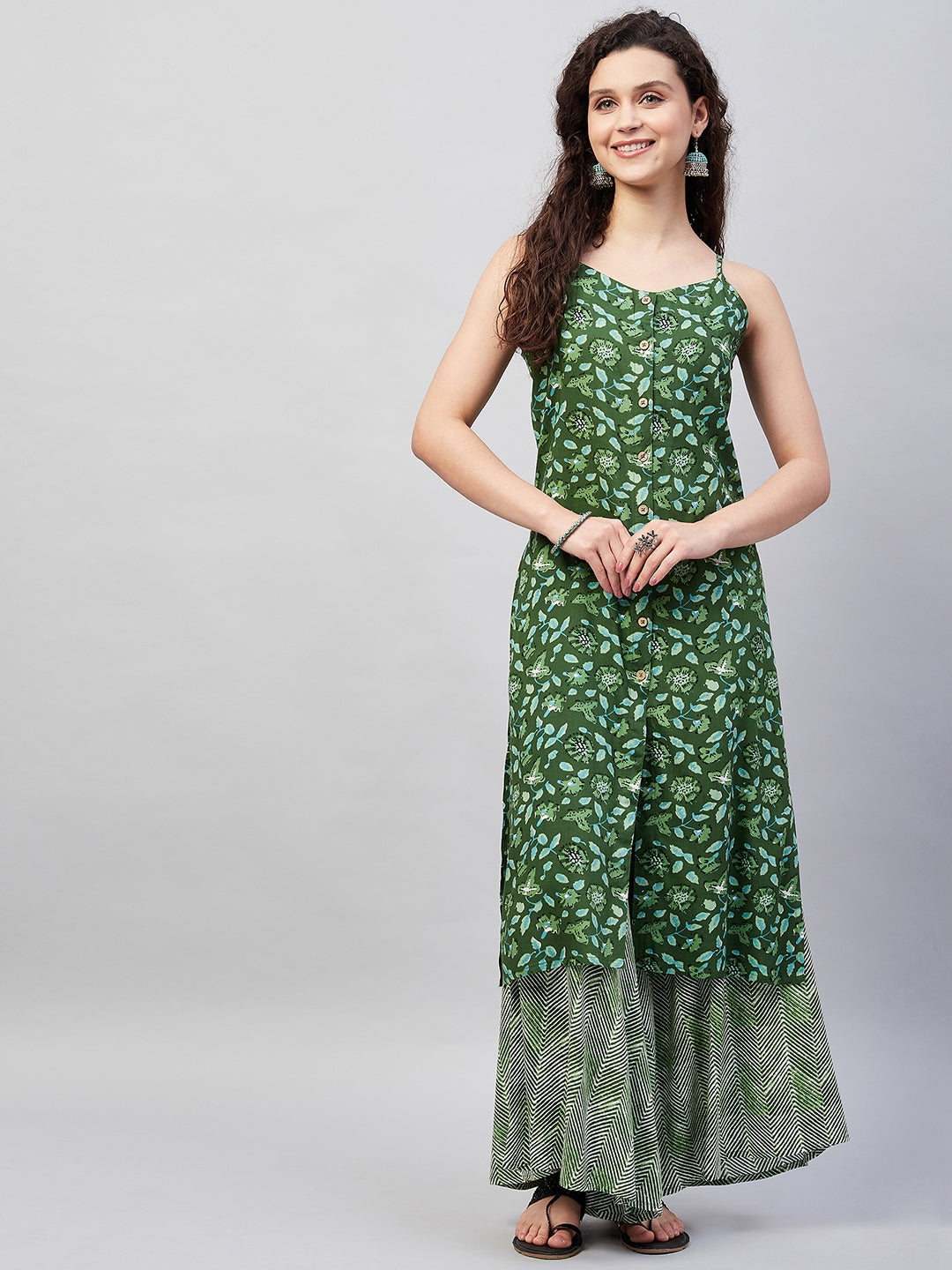InWeave Women's Green Bagh Print Spaghetti Kurta Zig Zag Palazzo Set | Grocsy