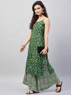 InWeave Women's Green Bagh Print Spaghetti Kurta Zig Zag Palazzo Set | Grocsy