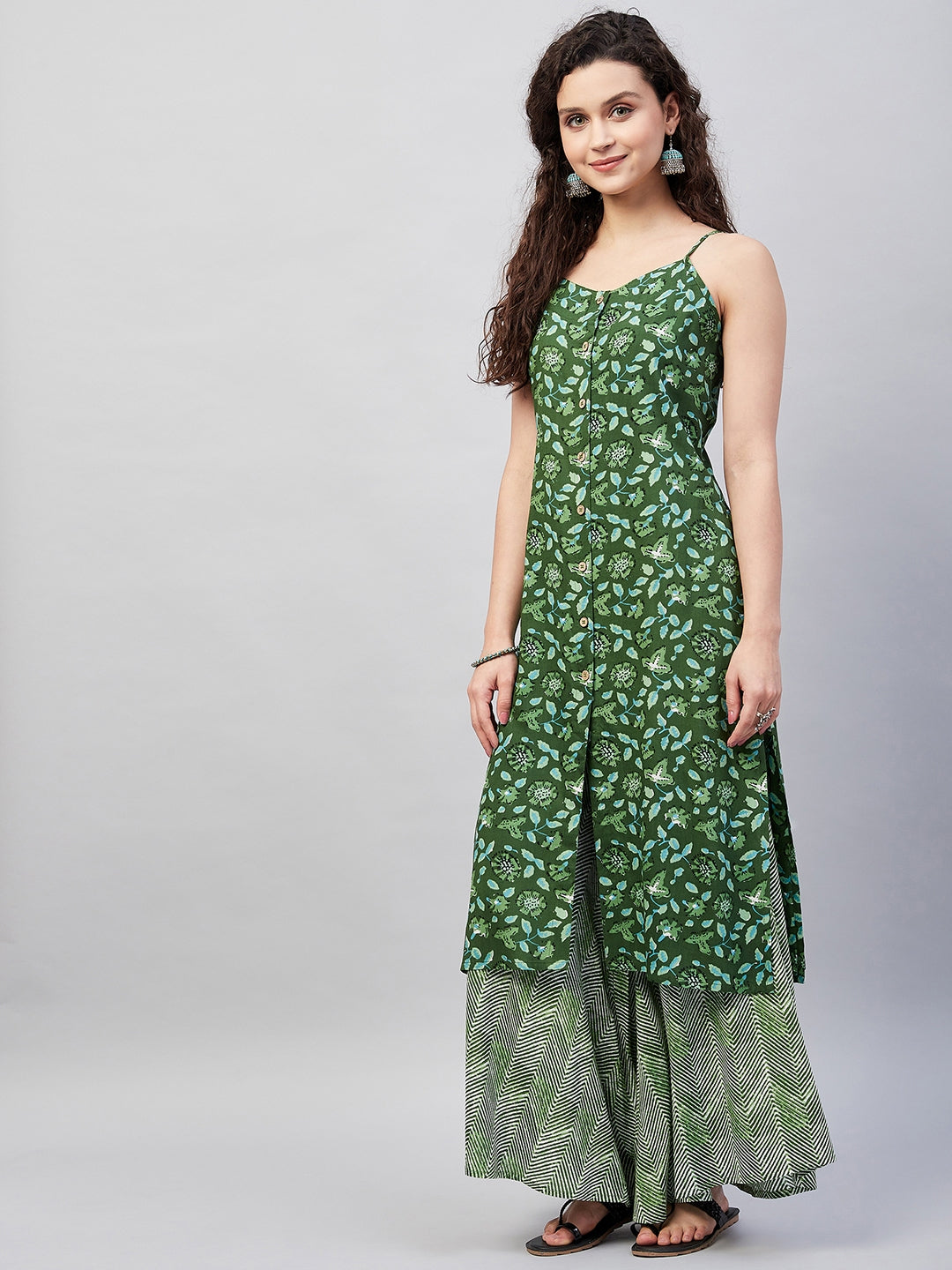 InWeave Women's Green Bagh Print Spaghetti Kurta Zig Zag Palazzo Set | Grocsy