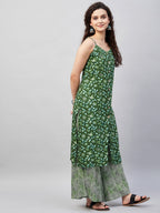 InWeave Women's Green Bagh Print Spaghetti Kurta Zig Zag Palazzo Set | Grocsy