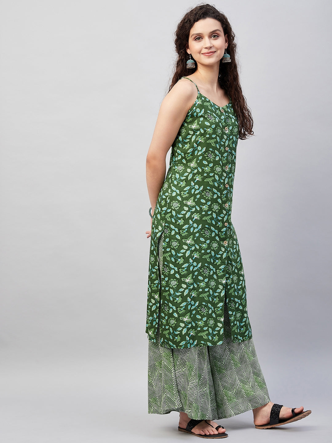 InWeave Women's Green Bagh Print Spaghetti Kurta Zig Zag Palazzo Set | Grocsy