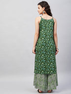 InWeave Women's Green Bagh Print Spaghetti Kurta Zig Zag Palazzo Set | Grocsy