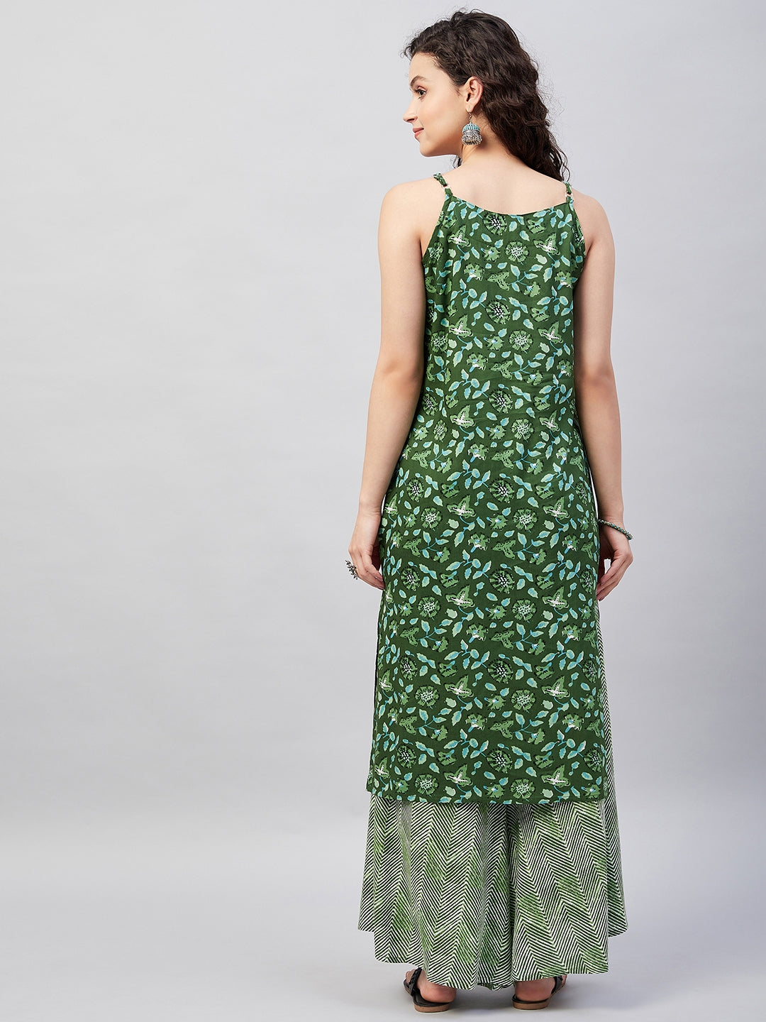 InWeave Women's Green Bagh Print Spaghetti Kurta Zig Zag Palazzo Set | Grocsy