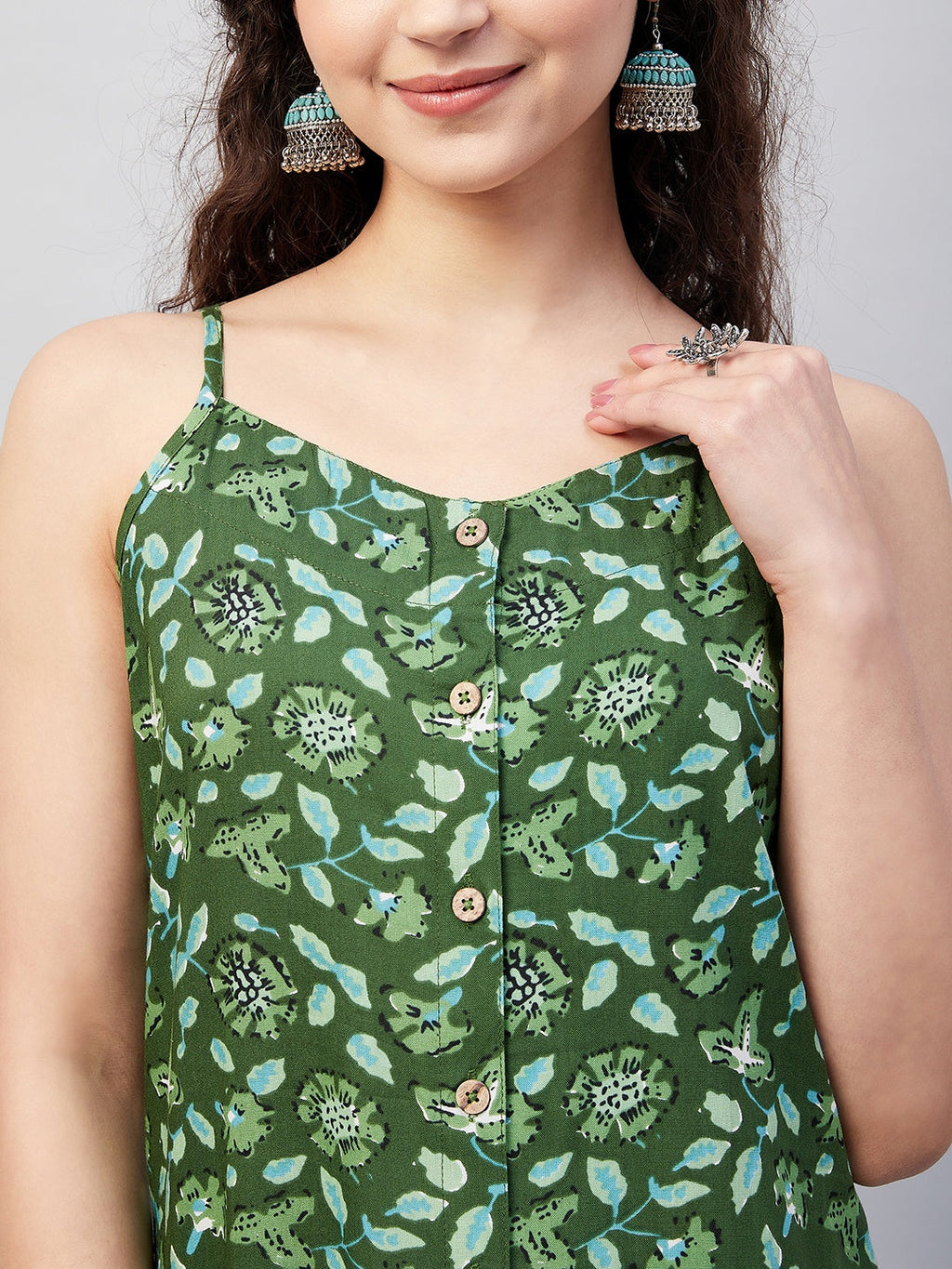 InWeave Women's Green Bagh Print Spaghetti Kurta Zig Zag Palazzo Set | Grocsy